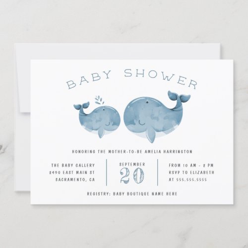 Cute Watercolor Whale Boys Blue Baby Shower Invitation