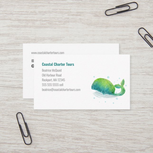 Cute Watercolor Whale Business Card (Front/Back In Situ)