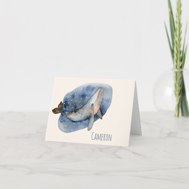 Cute Watercolor Whale Nautical Blue Personalized Note Card (Front)