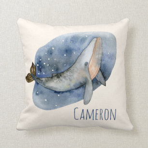 Cute Watercolor Whale Nautical Blue Personalized Throw Pillow