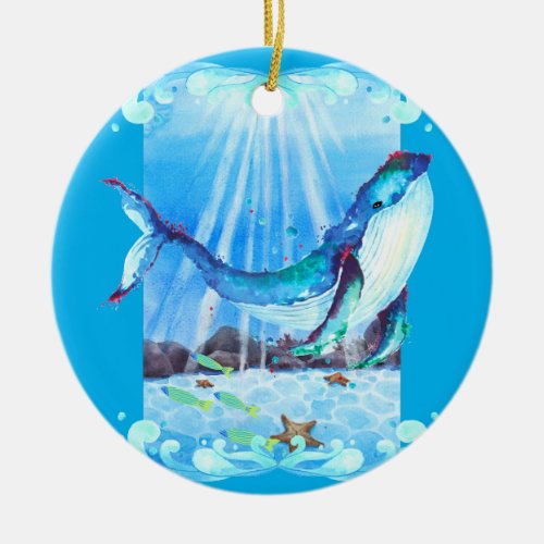 Cute Watercolor Whale Sea Life Blue  Ceramic Ornament