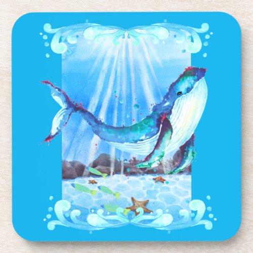 Cute Watercolor Whale Sea Life Blue Coasters 6 Set