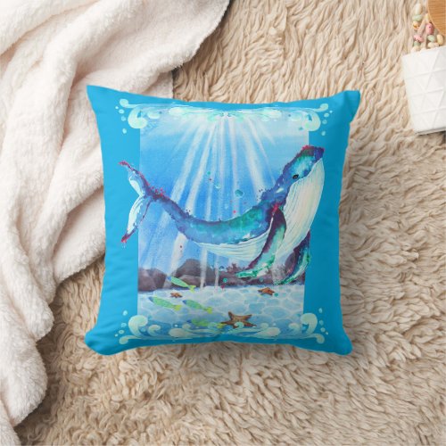 Cute Watercolor Whale Sea Life Blue Throw Pillow