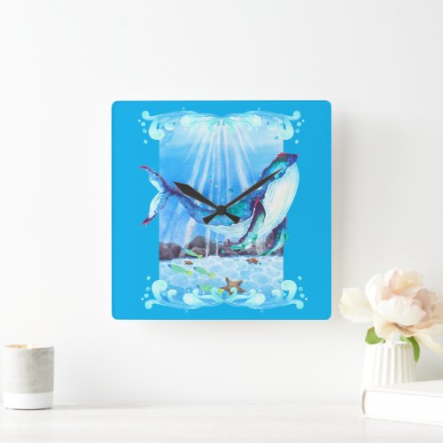Cute Watercolor Whale Sea Life Ocean Blue  Square Wall Clock