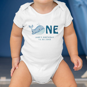 Cute Watercolor Whale With Baby's Name & Date Baby Baby Bodysuit