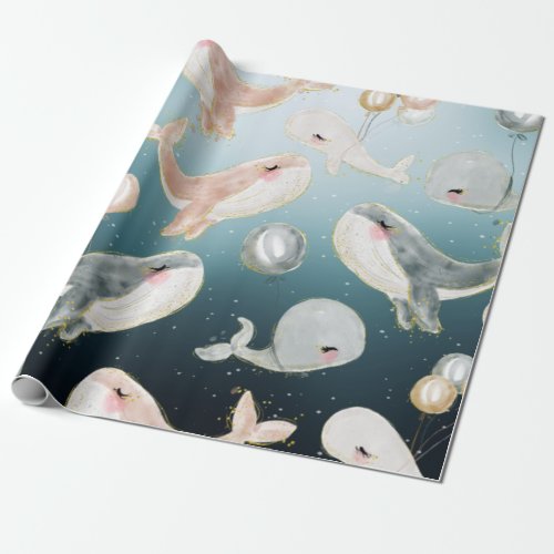 Cute Watercolor Whales In The Blue Sea Wrapping Paper