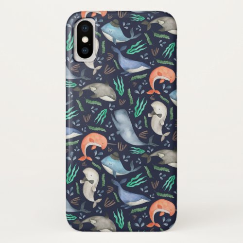 Cute Watercolor Whales Pattern  Blue Orange Dark iPhone XS Case