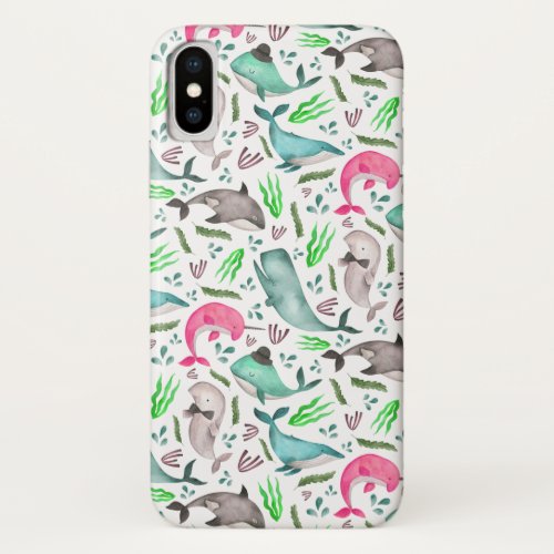 Cute Watercolor Whales Pattern  Teal Pink  White iPhone XS Case