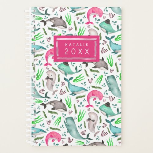 Cute Watercolor Whales Pattern  Teal Pink  White Planner