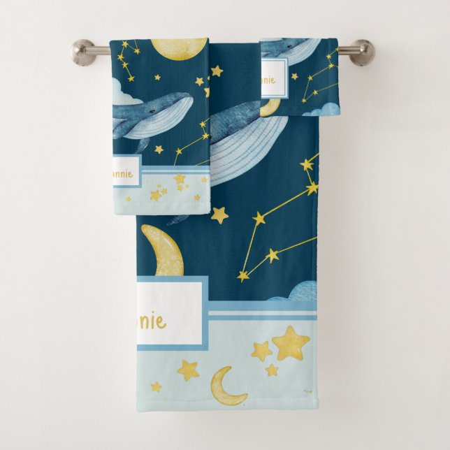 Cute Watercolor Whales Seamless Pattern Kids Bath Towel Set (Insitu)