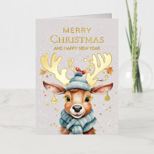 Cute Watercolor Whimsical Christmas Reindeer Gold Foil Holiday Card