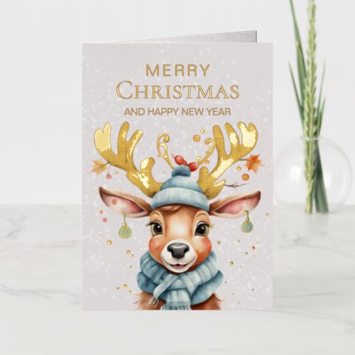 Cute Watercolor Whimsical Christmas Reindeer Gold Foil Holiday Card