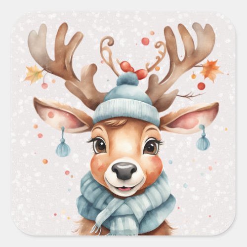 Cute Watercolor Whimsical Christmas Reindeer Square Sticker