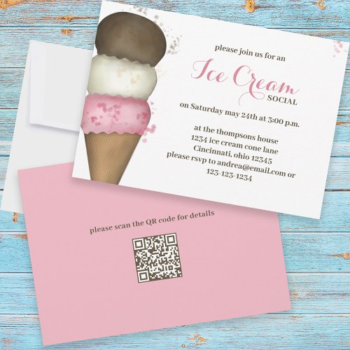 Cute Watercolor Whimsical Ice Cream Social QR Code Invitation