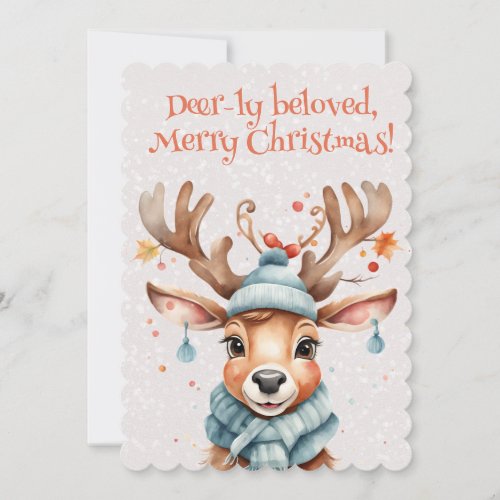 Cute Watercolor Whimsical Merry Christmas Reindeer Holiday Card