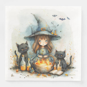 Cute Watercolor Whimsical Witch for Decoupage Paper Dinner Napkins