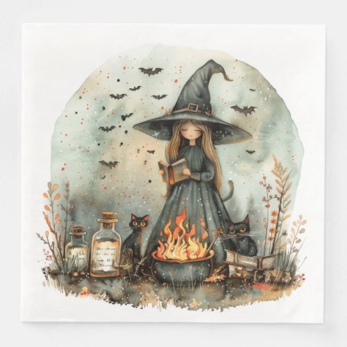 Cute Watercolor Whimsical Witch for Decoupage Paper Dinner Napkins