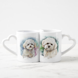 CUTE WATERCOLOR WHITE BICHON FRISE DOG COFFEE MUG SET