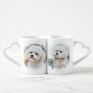 CUTE WATERCOLOR WHITE BICHON FRISE DOG COFFEE MUG SET