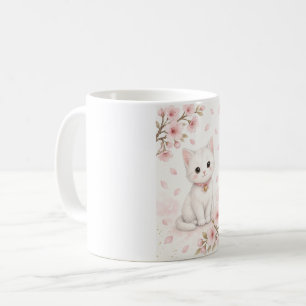 Cute Watercolor White Cat with Cherry Blossoms Coffee Mug