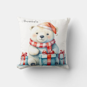Cute Watercolor White Christmas Polar Bear Throw Pillow