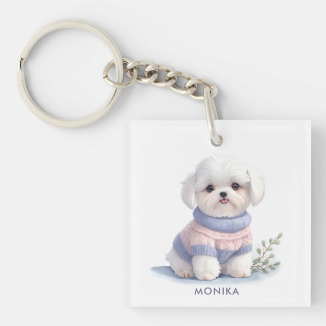 Cute Watercolor White Maltese Puppy Dog Personized Keychain (Front)