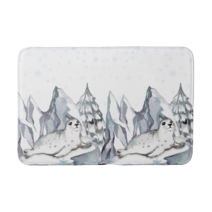Cute Watercolor White Seal Pine Trees Snowflakes Bath Mat