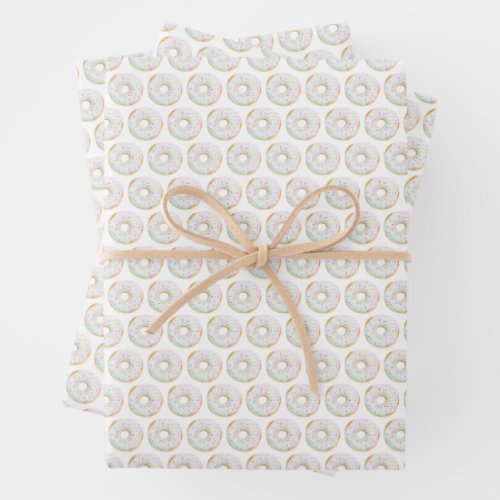 Cute Watercolor White Sprinkle Donuts Pattern Wrapping Paper Sheets