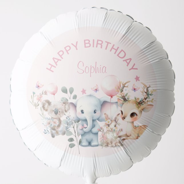 Cute Watercolor Wild Animals Pink Girl Birthday Balloon (Front)