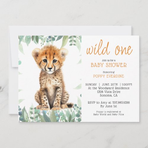 Cute Watercolor Wild One Cheetah Baby Shower  Invitation