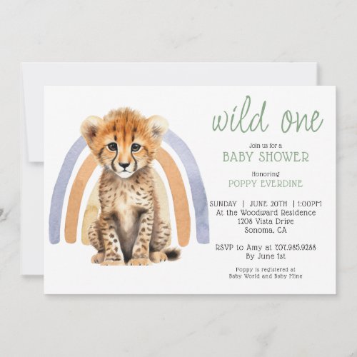 Cute Watercolor Wild One Cheetah Rainbow Invitation