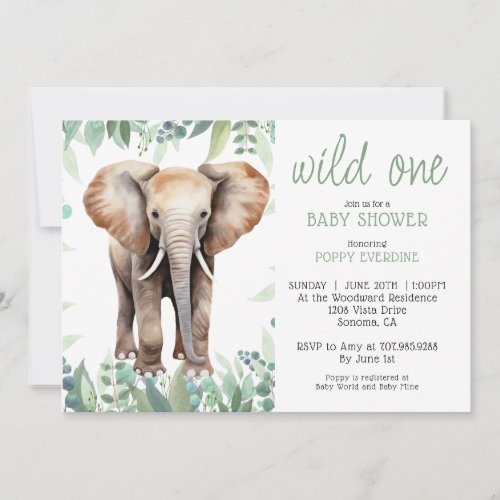 Cute Watercolor Wild One Elephant Baby Shower  Invitation