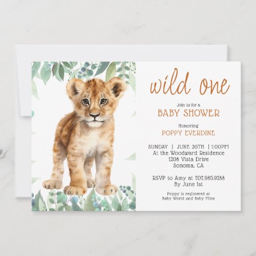 Cute Watercolor Wild One Lion Cub Baby Shower  Invitation