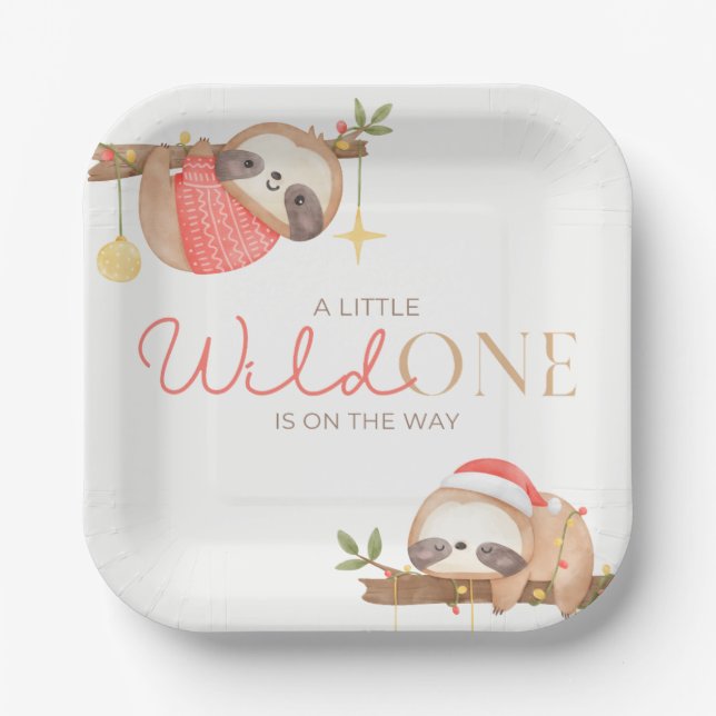 Cute Watercolor Wild One Sloth Baby Shower Paper Plates (Front)