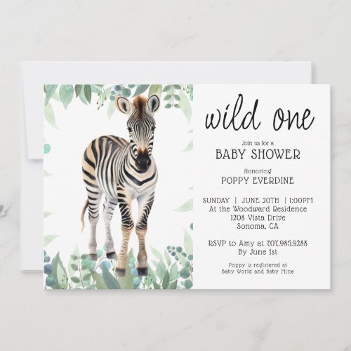 Cute Watercolor Wild OneZebra Baby Shower  Invitation