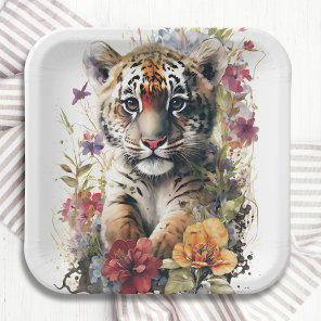 Cute Watercolor Wild Tiger Cub Kids Birthday Paper Plates