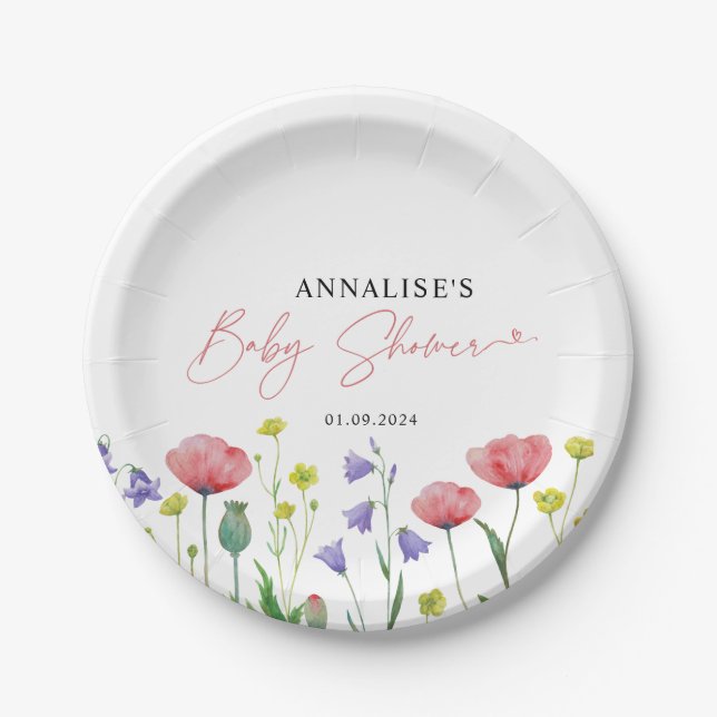 Cute Watercolor Wildflower Baby Shower  Paper Plates (Front)