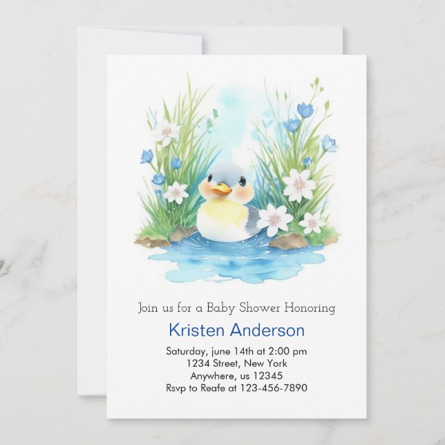 Cute Watercolor Wildflower Duck Boy Baby Shower Invitation (Front)
