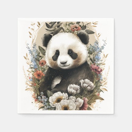 Cute Watercolor Wildflower Panda Bear Birthday Napkins