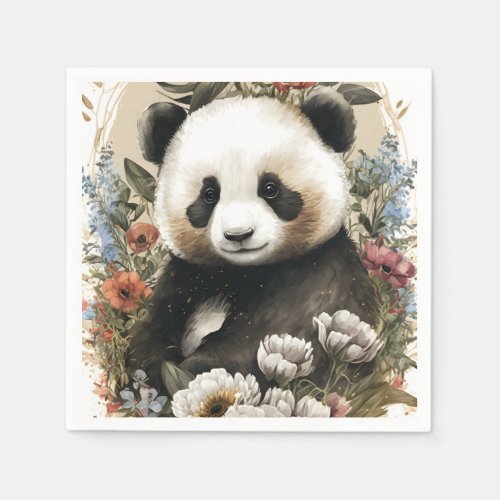 Cute Watercolor Wildflower Panda Bear Birthday Napkins