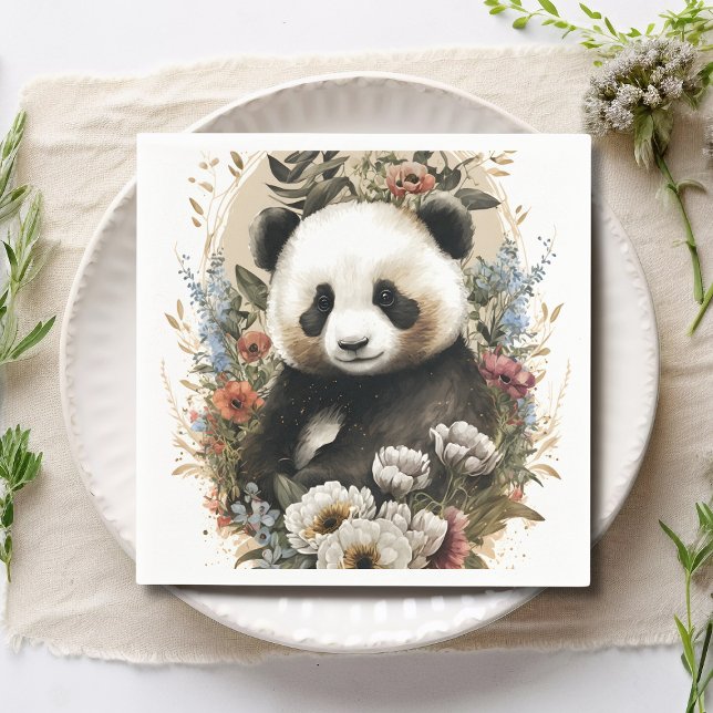 Cute Watercolor Wildflower Panda Bear Birthday Napkins (Creator Uploaded)