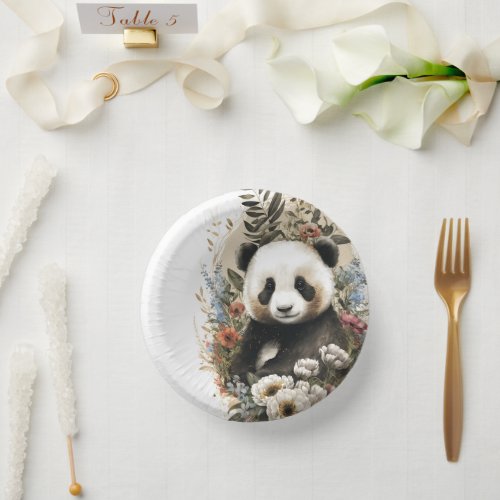 Cute Watercolor Wildflower Panda Bear Birthday Paper Bowls