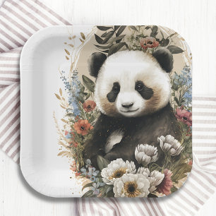 Cute Watercolor Wildflower Panda Bear Birthday Paper Plates