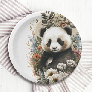 Cute Watercolor Wildflower Panda Bear Birthday Paper Plates