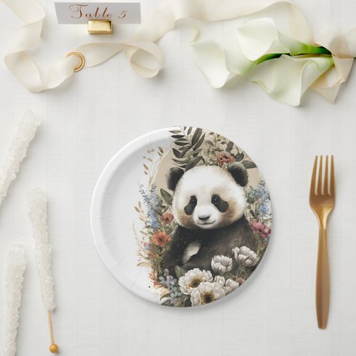 Cute Watercolor Wildflower Panda Bear Birthday Paper Plates