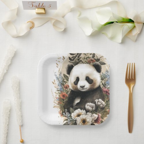Cute Watercolor Wildflower Panda Bear Birthday Paper Plates