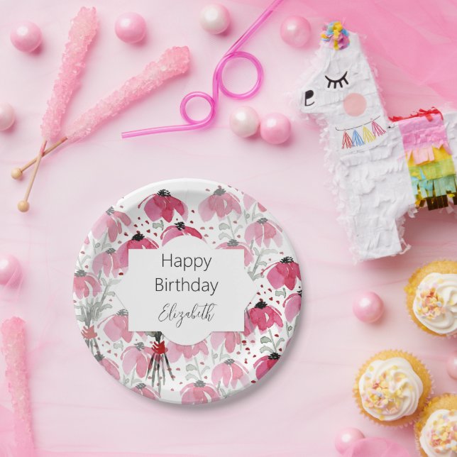 Cute Watercolor Wildflowers in Pink Tones Paper Plates (Party)