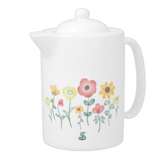 Cute Watercolor Wildflowers with Monogram Teapot
