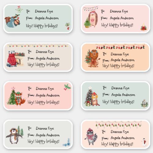 Cute Watercolor Winter Animals Christmas Gift Tag Sticker