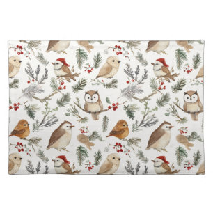 Cute Watercolor Winter Bird and Twig Pattern Cloth Placemat